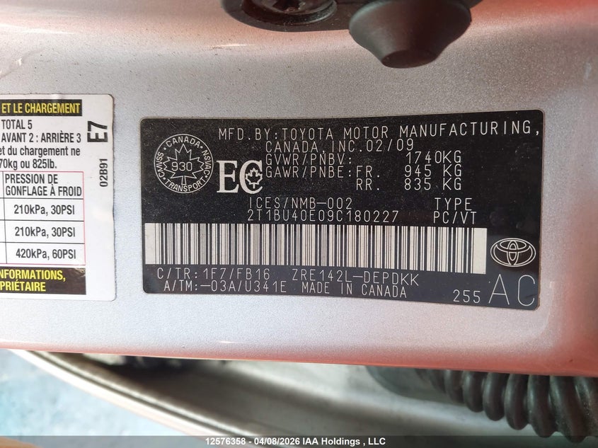 2009 Toyota Corolla VIN: 2T1BU40E09C180227 Lot: 12576358