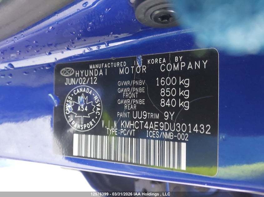 2013 Hyundai Accent Gls/Gs VIN: KMHCT4AE9DU301432 Lot: 12576399