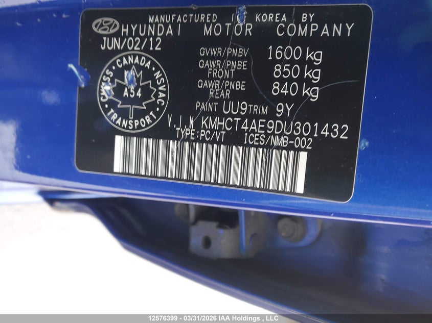 2013 Hyundai Accent Gls/Gs VIN: KMHCT4AE9DU301432 Lot: 12576399