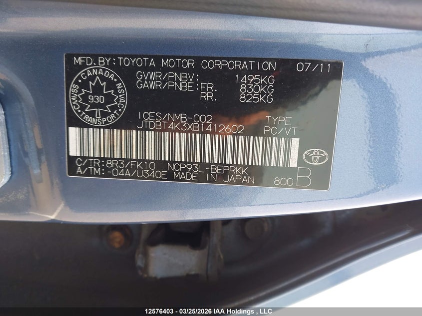 2011 Toyota Yaris VIN: JTDBT4K3XB1412602 Lot: 12576403