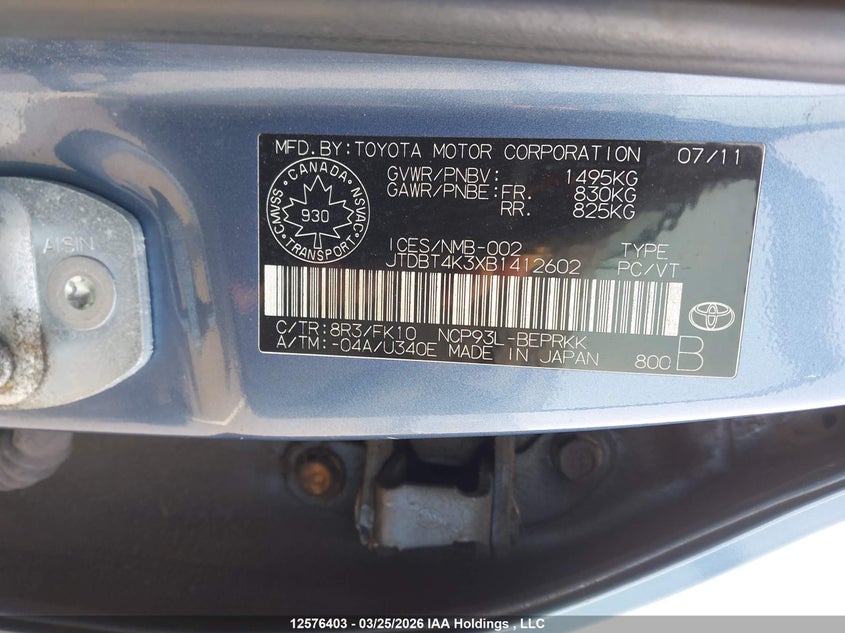 2011 Toyota Yaris VIN: JTDBT4K3XB1412602 Lot: 12576403