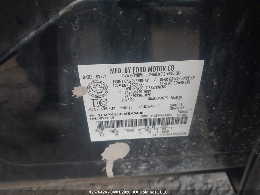 2021 Ford Edge Sel VIN: 2FMPK4J92MBA54901 Lot: 12576424