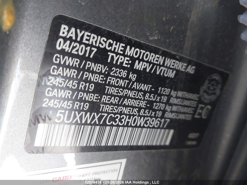 2017 BMW X3 3.0 silver Lot 111012576436 Vin 5UXWX7C33H0W39617