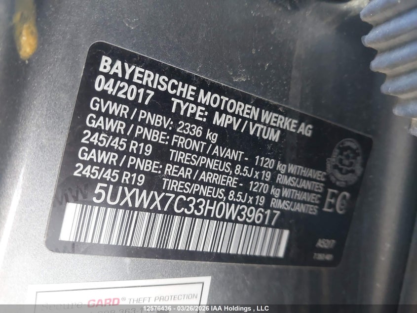2017 BMW X3 xDrive35I VIN: 5UXWX7C33H0W39617 Lot: 12576436