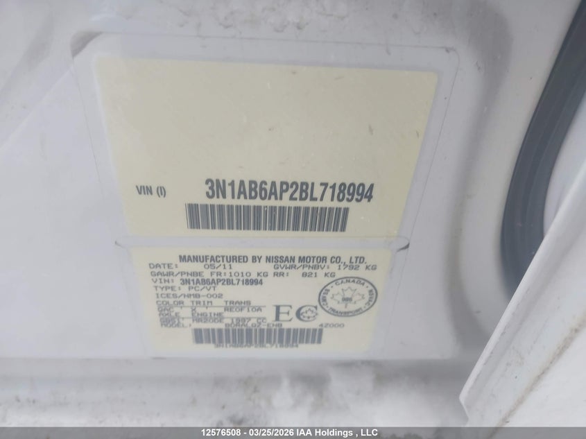 2011 Nissan Sentra VIN: 3N1AB6AP2BL718994 Lot: 12576508