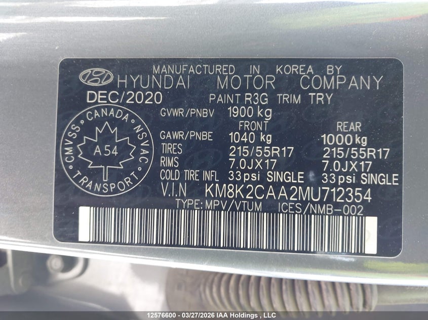 2021 Hyundai Kona Preferred Awd VIN: KM8K2CAA2MU712354 Lot: 12576600