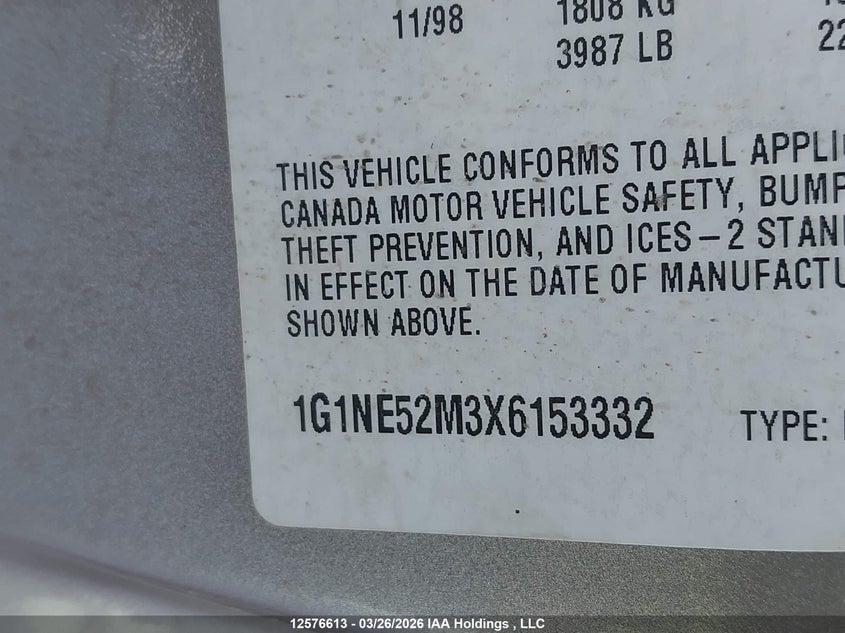 1999 Chevrolet Malibu Ls VIN: 1G1NE52M3X6153332 Lot: 12576613