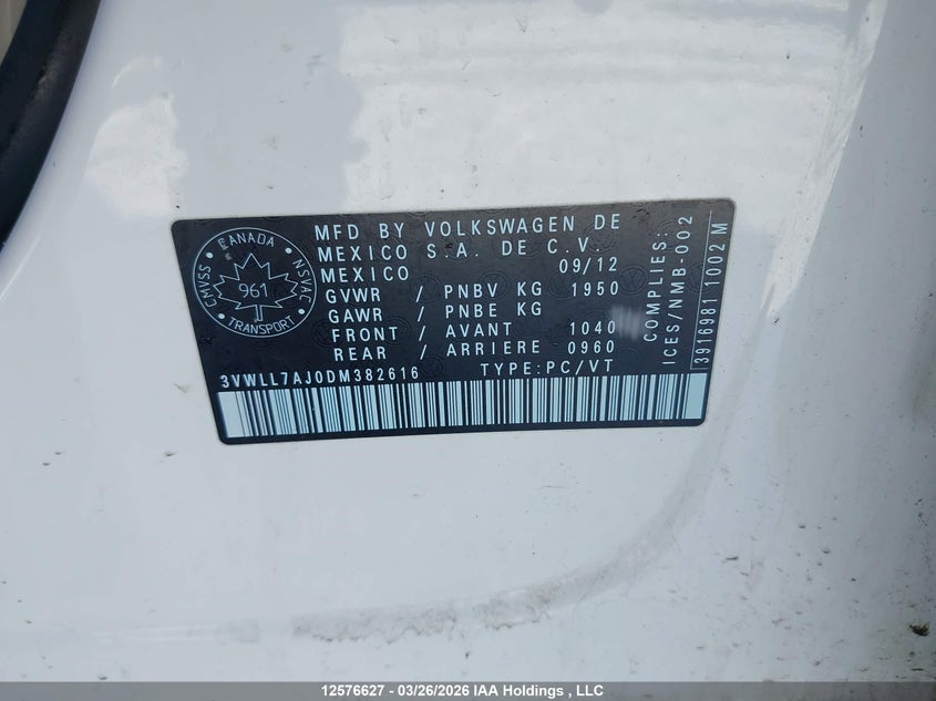 2013 Volkswagen Jetta VIN: 3VWLL7AJ0DM382616 Lot: 12576627