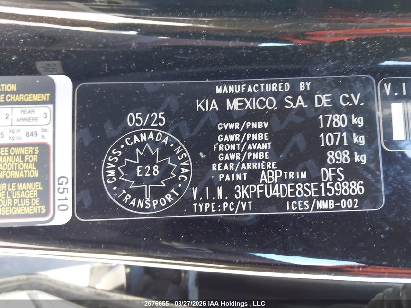 2025 Kia K4 Ex/Ex+ VIN: 3KPFU4DE8SE159886 Lot: 12576655