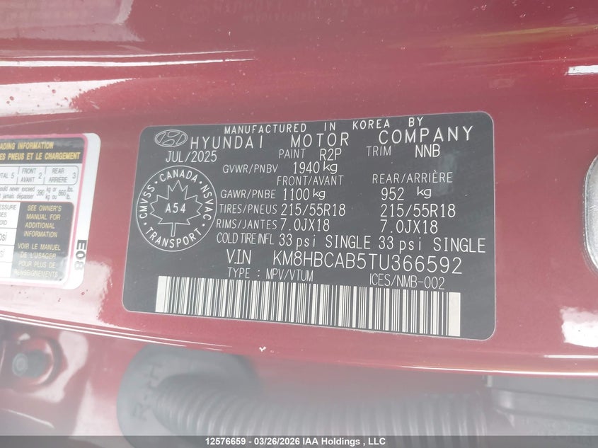 2026 Hyundai Kona VIN: KM8HBCAB5TU366592 Lot: 12576659