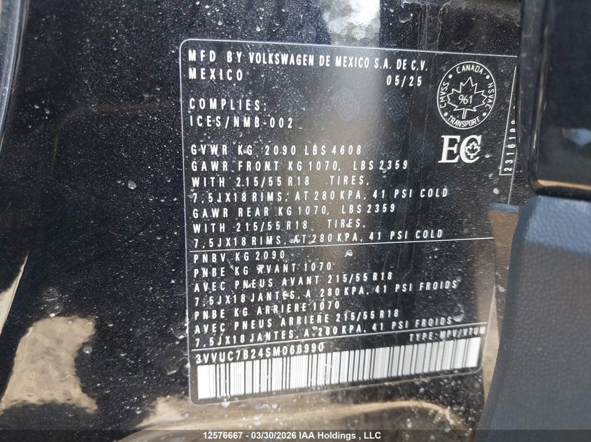 2025 Volkswagen Taos Comfortline VIN: 3VVUC7B24SM066990 Lot: 12576667