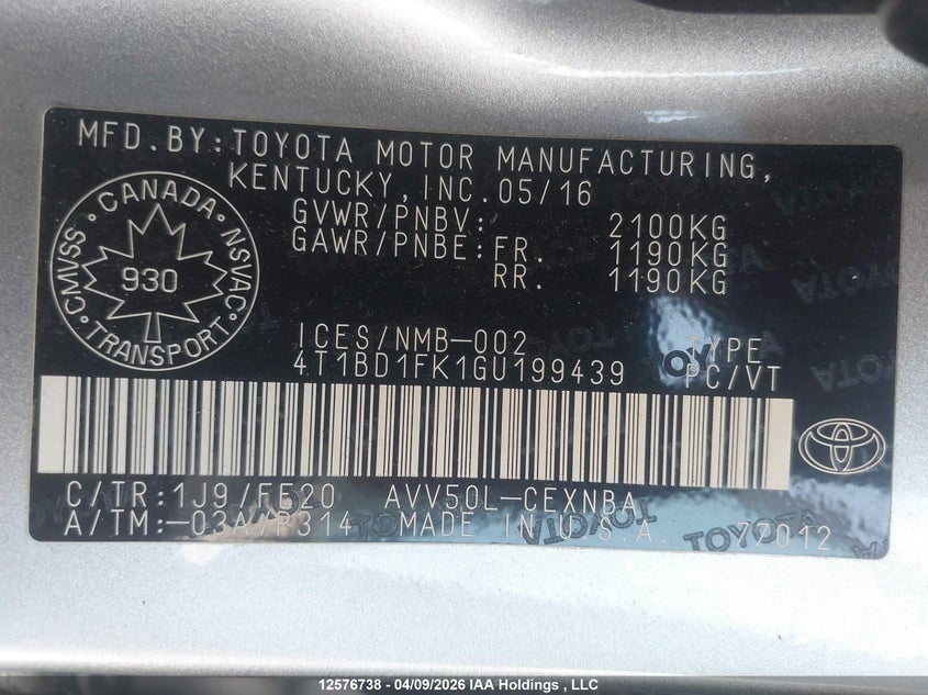 2016 Toyota Camry Hybrid/Le/Xle/Se VIN: 4T1BD1FK1GU199439 Lot: 12576738