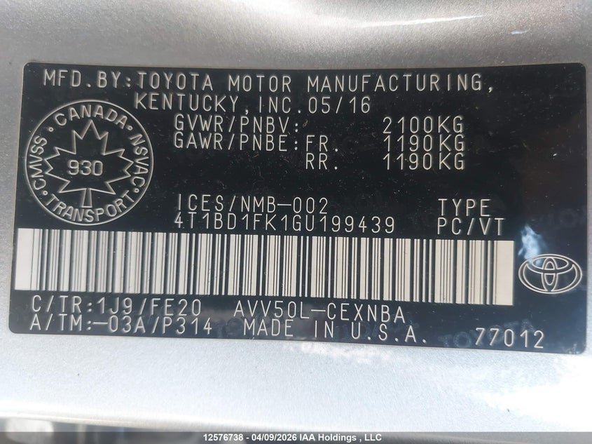 2016 Toyota Camry Hybrid/Le/Xle/Se VIN: 4T1BD1FK1GU199439 Lot: 12576738