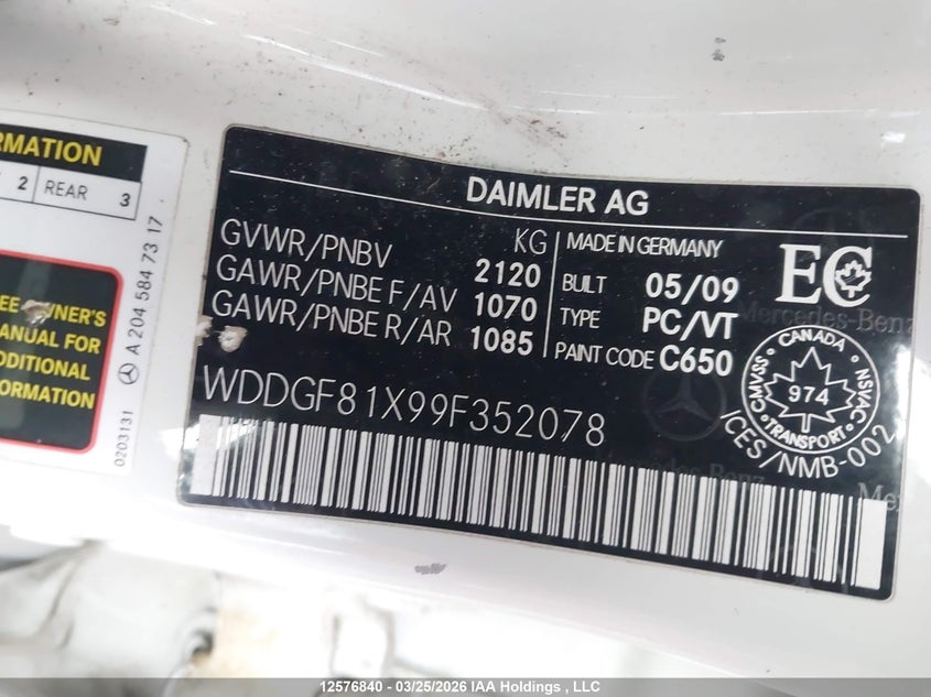 2009 Mercedes-Benz C 300 4Matic VIN: WDDGF81X99F352078 Lot: 12576840