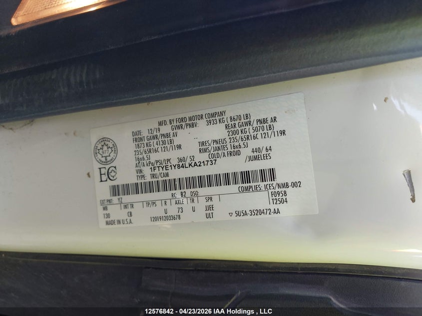 2020 FORD TRANSIT-150 CARGO VAN 3.5L V-6 DI, DOHC, VVT, 275HP