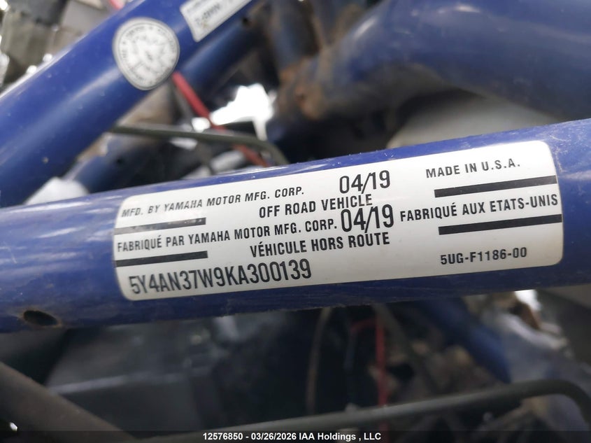 2019 Yamaha Yxz1000 VIN: 5Y4AN37W9KA300139 Lot: 12576850