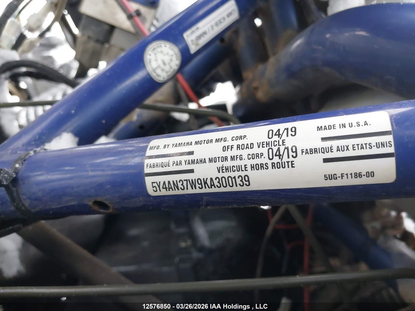 2019 Yamaha Yxz1000 VIN: 5Y4AN37W9KA300139 Lot: 12576850