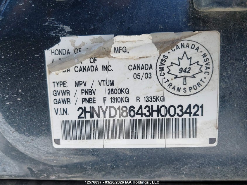 2003 Acura Mdx Touring VIN: 2HNYD18643H003421 Lot: 12576897