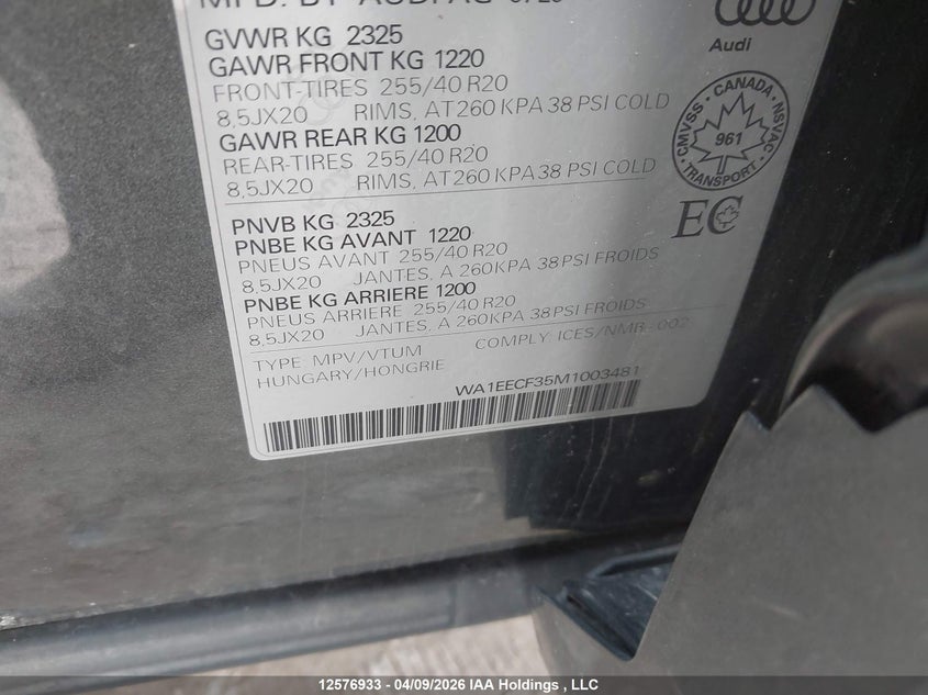 2021 Audi Q3 45 Progressiv VIN: WA1EECF35M1003481 Lot: 12576933