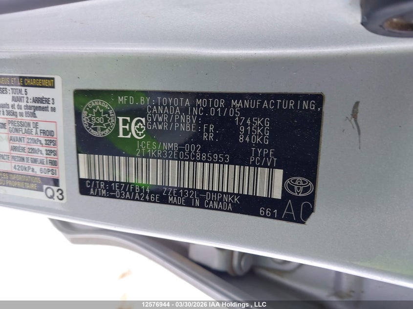 2005 Toyota Corolla Matrix Xr VIN: 2T1KR32E05C885953 Lot: 12576944