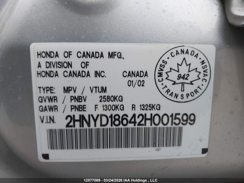 2002 Acura Mdx 3.5 VIN: 2HNYD18642H001599 Lot: 12577069