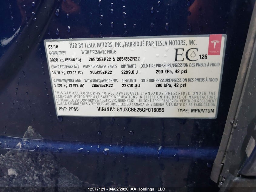2016 Tesla Model X 60D/70D/75D/90D/P100D VIN: 5YJXCBE25GF016055 Lot: 12577121