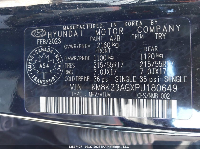 2023 Hyundai Kona Se VIN: KM8K23AGXPU180649 Lot: 12577127