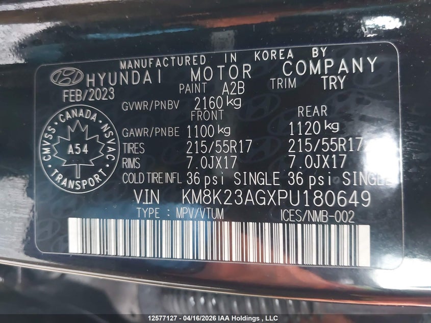 2023 Hyundai Kona Se VIN: KM8K23AGXPU180649 Lot: 12577127