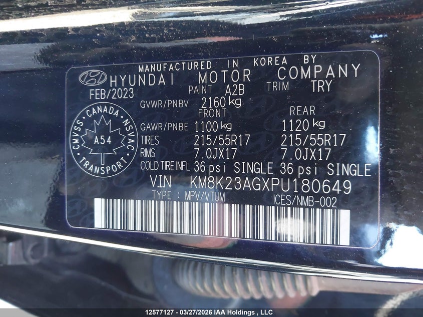 2023 Hyundai Kona Se VIN: KM8K23AGXPU180649 Lot: 12577127