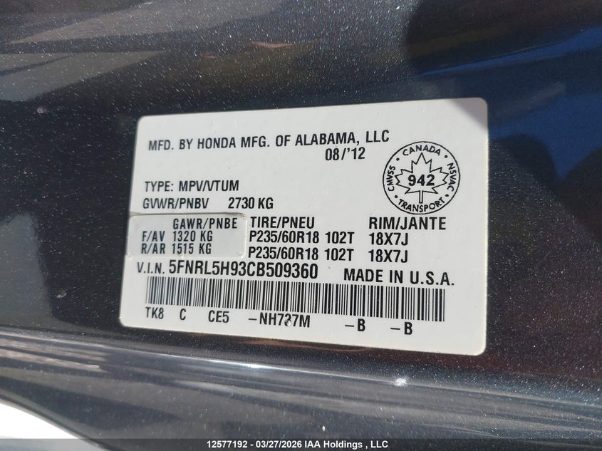 2012 Honda Odyssey VIN: 5FNRL5H93CB509360 Lot: 12577192