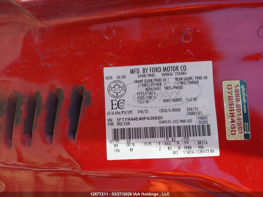 2009 Ford Ranger Sport/Xl/Xlt VIN: 1FTYR44E49PA36820 Lot: 12577211