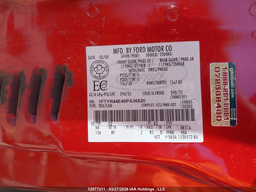 2009 Ford Ranger Sport/Xl/Xlt VIN: 1FTYR44E49PA36820 Lot: 12577211