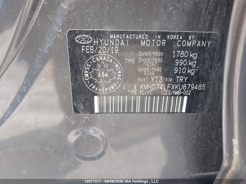 2019 Hyundai Elantra VIN: KMHD74LFXKU879485 Lot: 12577217