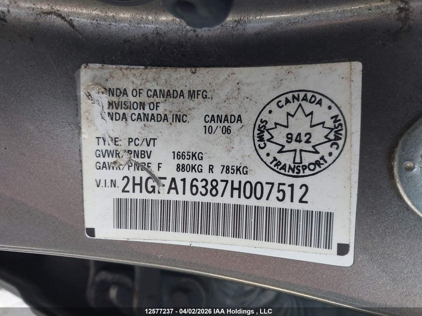 2007 Honda Civic Dx VIN: 2HGFA16387H007512 Lot: 12577237