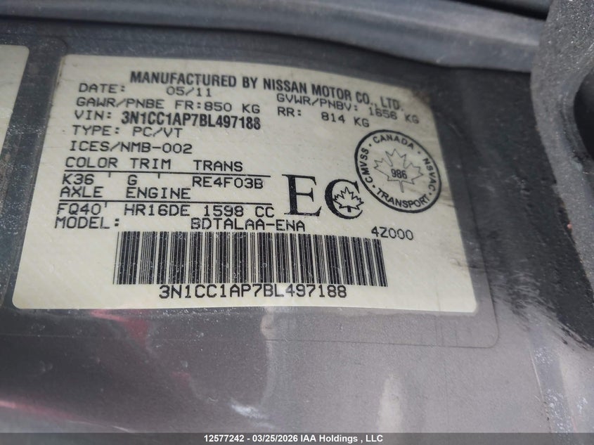 2011 Nissan Versa S/Sl VIN: 3N1CC1AP7BL497188 Lot: 12577242