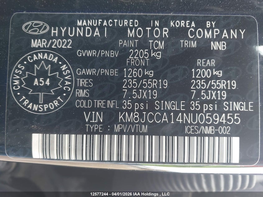 2022 Hyundai Tucson Luxury Hybrid Awd VIN: KM8JCCA14NU059455 Lot: 12577244