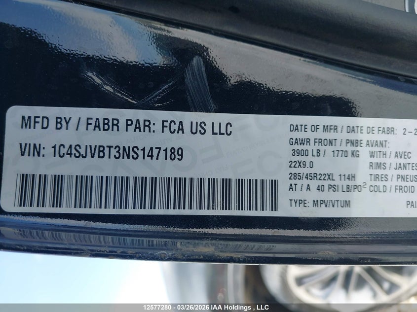 2022 Jeep Wagoneer Series Ii VIN: 1C4SJVBT3NS147189 Lot: 12577280