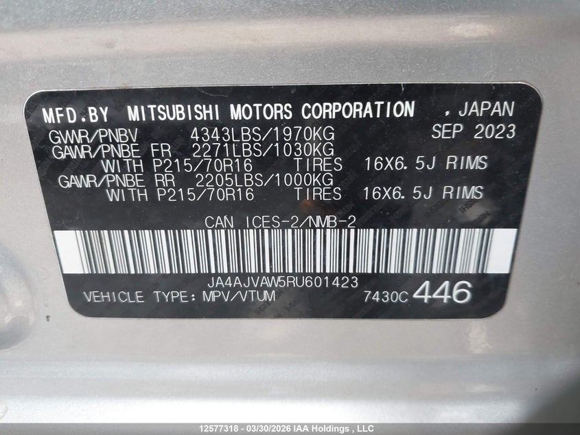 2024 Mitsubishi Rvr Se/Sel/Noir/Gt VIN: JA4AJVAW5RU601423 Lot: 12577318