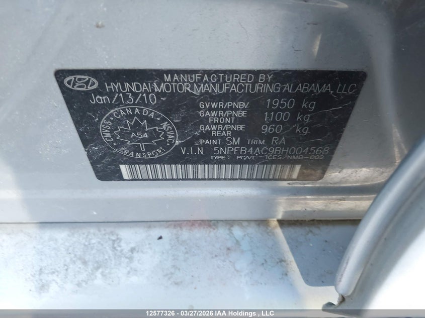 2011 Hyundai Sonata Gls VIN: 5NPEB4AC9BH004568 Lot: 12577326