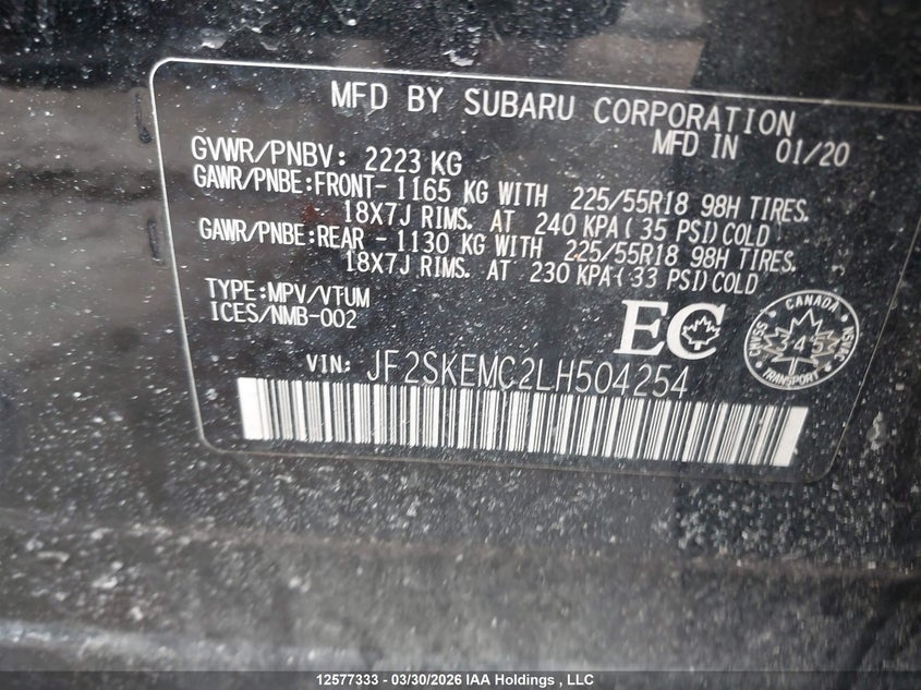 2020 Subaru Forester VIN: JF2SKEMC2LH504254 Lot: 12577333