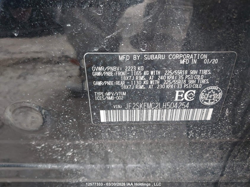 2020 Subaru Forester VIN: JF2SKEMC2LH504254 Lot: 12577333