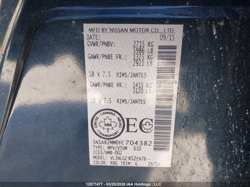 2015 Nissan Pathfinder S/Sv/Sl/Platinum VIN: 5N1AR2MM0FC704382 Lot: 12577477