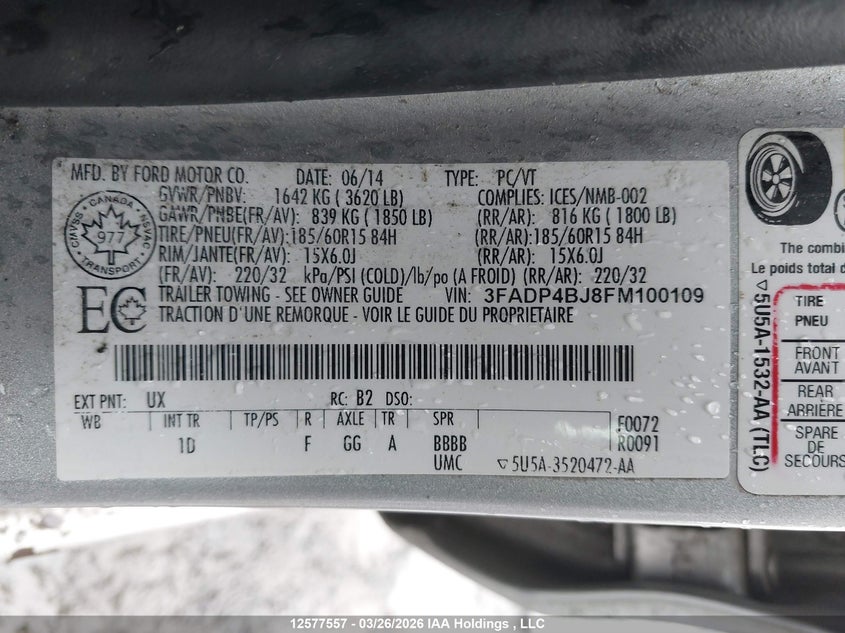 2015 Ford Fiesta VIN: 3FADP4BJ8FM100109 Lot: 12577557