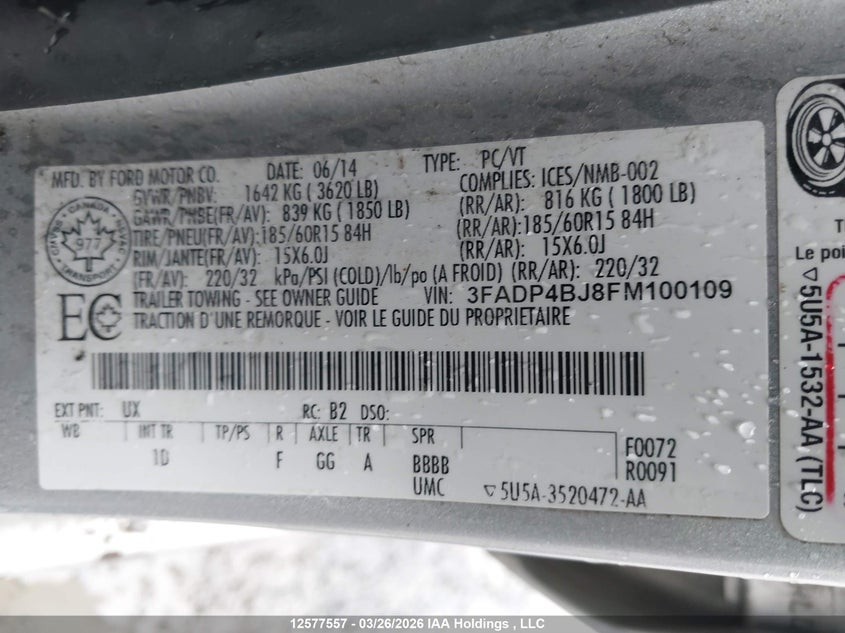 2015 Ford Fiesta VIN: 3FADP4BJ8FM100109 Lot: 12577557