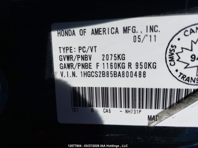 2011 Honda Accord Ex-L V6 VIN: 1HGCS2B85BA800488 Lot: 12577604