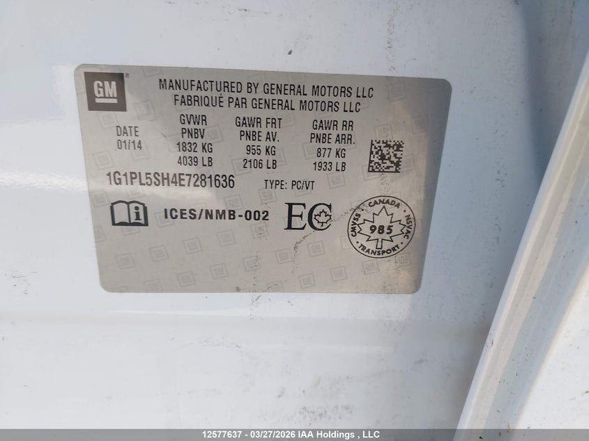 2014 Chevrolet Cruze Ls VIN: 1G1PL5SH4E7281636 Lot: 12577637