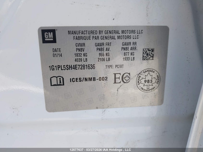 2014 Chevrolet Cruze Ls VIN: 1G1PL5SH4E7281636 Lot: 12577637