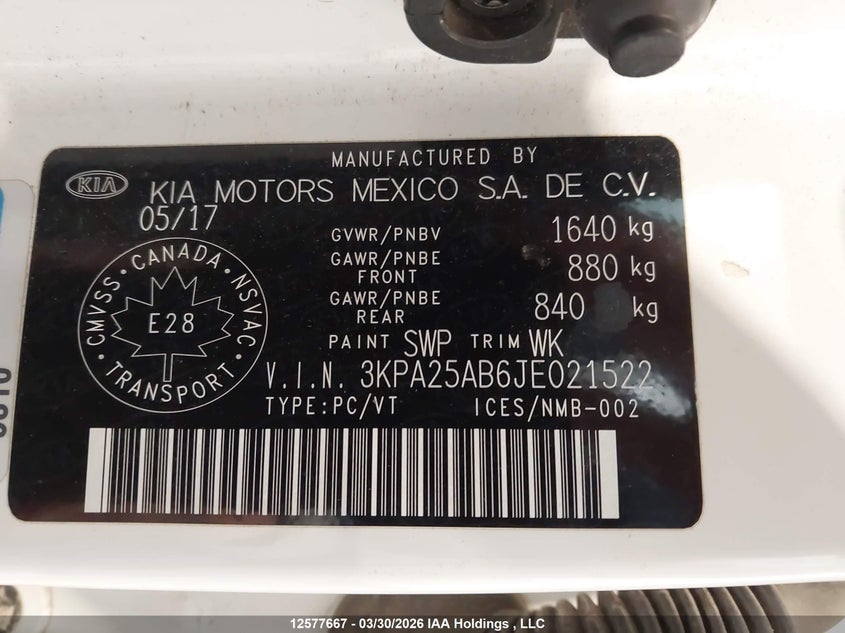 2018 Kia Rio Lx/Lx+ VIN: 3KPA25AB6JE021522 Lot: 12577667