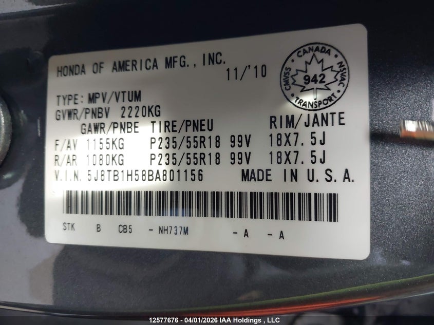 2011 Acura Rdx VIN: 5J8TB1H58BA801156 Lot: 12577676