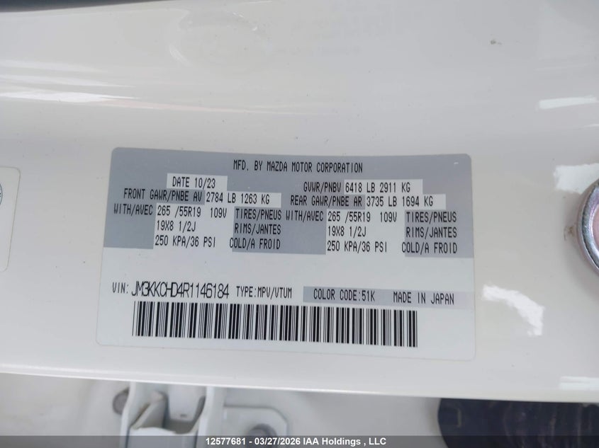 2024 Mazda Cx-90 Mhev Gs-L VIN: JM3KKCHD4R1146184 Lot: 12577681